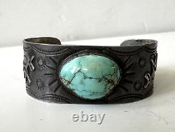 EARLY Fred Harvey Navajo Sterling Turquoise Cuff Stamped Dog Whirling Logs 1930s