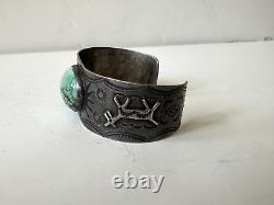 EARLY Fred Harvey Navajo Sterling Turquoise Cuff Stamped Dog Whirling Logs 1930s