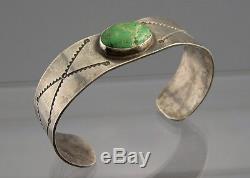Early Fred Harvey Era Silver Green Turquoise Navajo Bracelet Hand Stamped