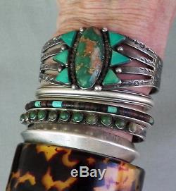 Exceptional Old Vintage Fred Harvey Era Silver Green Turquoise Cuff Bracelet