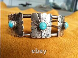 FRED HARVEY ERA 3 SETTING NAVAJO STERLING SILVER TURQUOISE Cuff 21 Grams