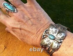 FRED HARVEY ERA BELL TRADING POST Nickel Silver Turquoise Butterfly Cuff 28.1 Gr