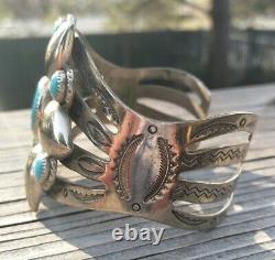 FRED HARVEY ERA BELL TRADING POST Nickel Silver Turquoise Flower Cuff 28.1 Gr