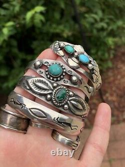 FRED HARVEY ERA Old Pawn Sterling Silver Stamped TURQUOISE CUFF BRACELET LOT 4