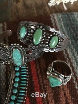 FRED HARVEY Era Navajo Handmade Sterling Silver 3 stone Turquoise Bracelet