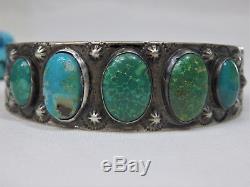 FRed Harvey Era NAVAJO Stamped COIN Silver 90%+Ag CARICO LAKE Turquoise BRACELET