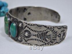 FRed Harvey Era NAVAJO Stamped COIN Silver 90%+Ag CARICO LAKE Turquoise BRACELET
