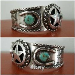 Fred Harvey 1940's Cuff Bracelet, Sterling Silver, Turquoise, Horseshoes, Star
