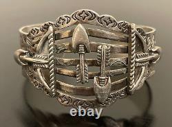 Fred Harvey Co. Sanford Navajo Sterling Silver Wide Cuff Bracelet Bow & Arrows