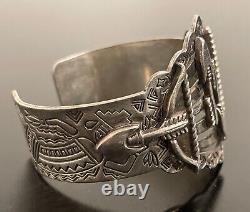 Fred Harvey Co. Sanford Navajo Sterling Silver Wide Cuff Bracelet Bow & Arrows
