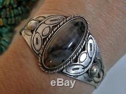 Fred Harvey ERa NAVAJO PETRIFIED WOOD Stamped COIN Silver 90%Ag 29gm Bracelet