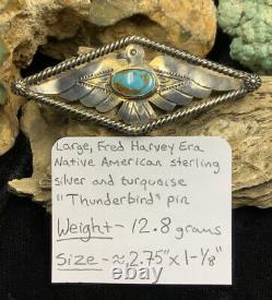 Fred Harvey Era, 1940s Sterling Silver & Gem Turquoise Thunderbird Pin, 12.8g