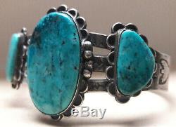 Fred Harvey Era Blue Turquoise Three Stone Sterling Silver cuff bracelet 41 gram