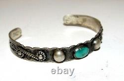 Fred Harvey Era Bracelet Navajo Coin Silver Turquoise Cuff Old Pawn Stacker