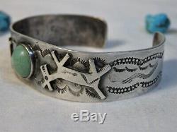 Fred Harvey Era CROW SPRINGS Turquoise SILVER 90%Ag WHIRLING LOGS + HORSE Cuff