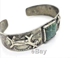 Fred Harvey Era Coin Ingot Silver Turquoise Horse Whirling Log Cuff Bracelet TS