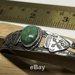 Fred Harvey Era Coin Silver Fine Cuff Bracelet Dark Green Turquoise Arrowhead