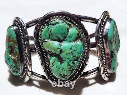Fred Harvey Era Coin Silver Navajo Spider Web Big Nugget Turquoise Cuff Bracelet