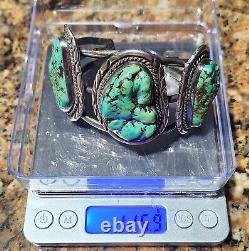 Fred Harvey Era Coin Silver Navajo Spider Web Big Nugget Turquoise Cuff Bracelet