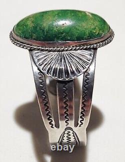 Fred Harvey Era Coin Silver Navajo Stamped Big Cerillos Cab Turquoise Bracelet