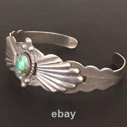 Fred Harvey Era Coin Silver Turquoise Cuff Bracelet 15 Grams Circa 1930s Small