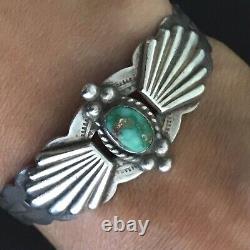 Fred Harvey Era Coin Silver Turquoise Cuff Bracelet 15 Grams Circa 1930s Small