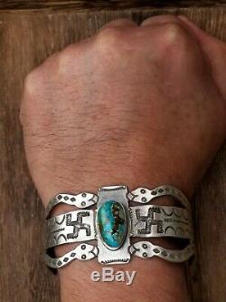 Fred Harvey Era Coin Silver Turquoise Whirling Logs Snake Shank Cuff Bracelet