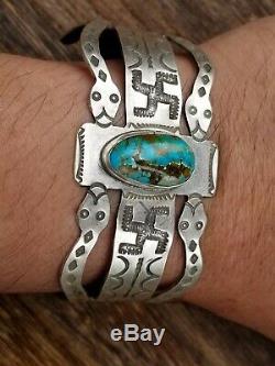 Fred Harvey Era Coin Silver Turquoise Whirling Logs Snake Shank Cuff Bracelet