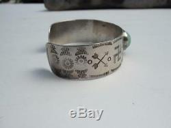 Fred Harvey Era Coin Silver & Turuqoise Handstamped Navajo Cuff Bracelet-23.7 gr