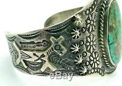 Fred Harvey Era Coin Silver Wide Turquoise Horse Thunderbird Cuff Bracelet