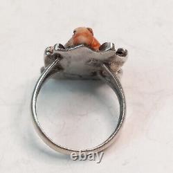 Fred Harvey Era Coral Turtle Sterling Silver Navajo Trading Post Ring Size 7.75