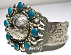 Fred Harvey Era Cuff Bracelet Silver and Turquoise Color Thunderbird Flower Sun