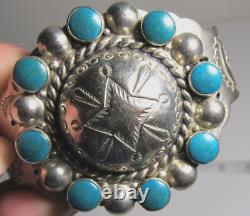 Fred Harvey Era Cuff Bracelet Silver and Turquoise Color Thunderbird Flower Sun