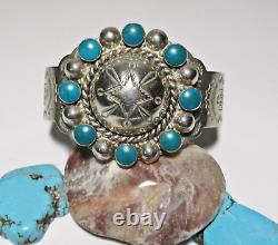 Fred Harvey Era Cuff Bracelet Silver and Turquoise Color Thunderbird Flower Sun