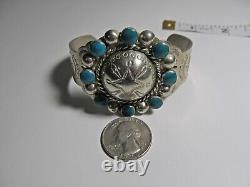 Fred Harvey Era Cuff Bracelet Silver and Turquoise Color Thunderbird Flower Sun