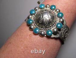 Fred Harvey Era Cuff Bracelet Silver and Turquoise Color Thunderbird Flower Sun