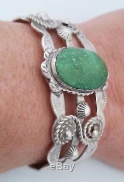 Fred Harvey Era Green Turquoise Sterling Silver CUFF BRACELET THUNDERBIRD & ROPE