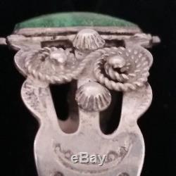 Fred Harvey Era Green Turquoise Sterling Silver CUFF BRACELET THUNDERBIRD & ROPE