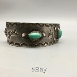 Fred Harvey Era Hand Stamped, Coin Silver, Natural Turquoise Cuff Bracelet