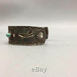 Fred Harvey Era Hand Stamped, Coin Silver, Natural Turquoise Cuff Bracelet