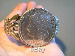Fred Harvey Era Indian Morgan Silver Dollar Coin Sterling Silver Cuff Bracelet