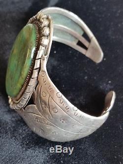 Fred Harvey Era Large GREEN TURQUOISE STAMPED SILVER COIN Cuff Bracelet