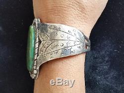 Fred Harvey Era Large GREEN TURQUOISE STAMPED SILVER COIN Cuff Bracelet