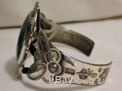 Fred Harvey Era NAVAJO Bell Trade Natural NEVADA TURQUOISE STERLING Silver CUFF