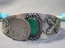 Fred Harvey Era NAVAJO Cerrillos TURQUOISE Hammered COIN Silver Bracelet