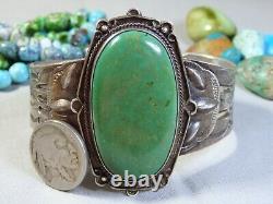Fred Harvey Era NAVAJO Cerrillos TURQUOISE Stamped Coin Silver 60g CUFF Bracelet
