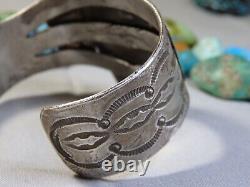 Fred Harvey Era NAVAJO Cerrillos TURQUOISE Stamped Coin Silver 60g CUFF Bracelet