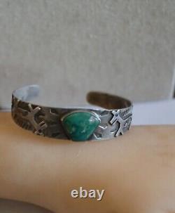 Fred Harvey Era NAVAJO Green TURQUOISE Sterling Silver DOG HORSE Goat Cuff 20.1g