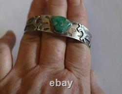 Fred Harvey Era NAVAJO Green TURQUOISE Sterling Silver DOG HORSE Goat Cuff 20.1g