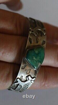 Fred Harvey Era NAVAJO Green TURQUOISE Sterling Silver DOG HORSE Goat Cuff 20.1g